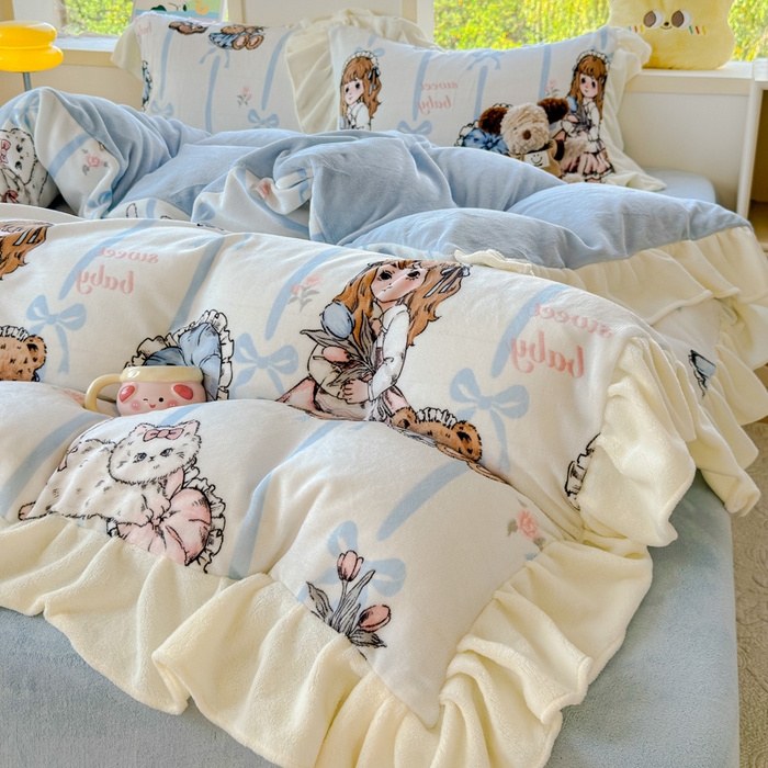 91家纺网 家纺一手货源 找家纺 瑞钰 2025新款韩版花边牛奶绒四件套 少女猫咪