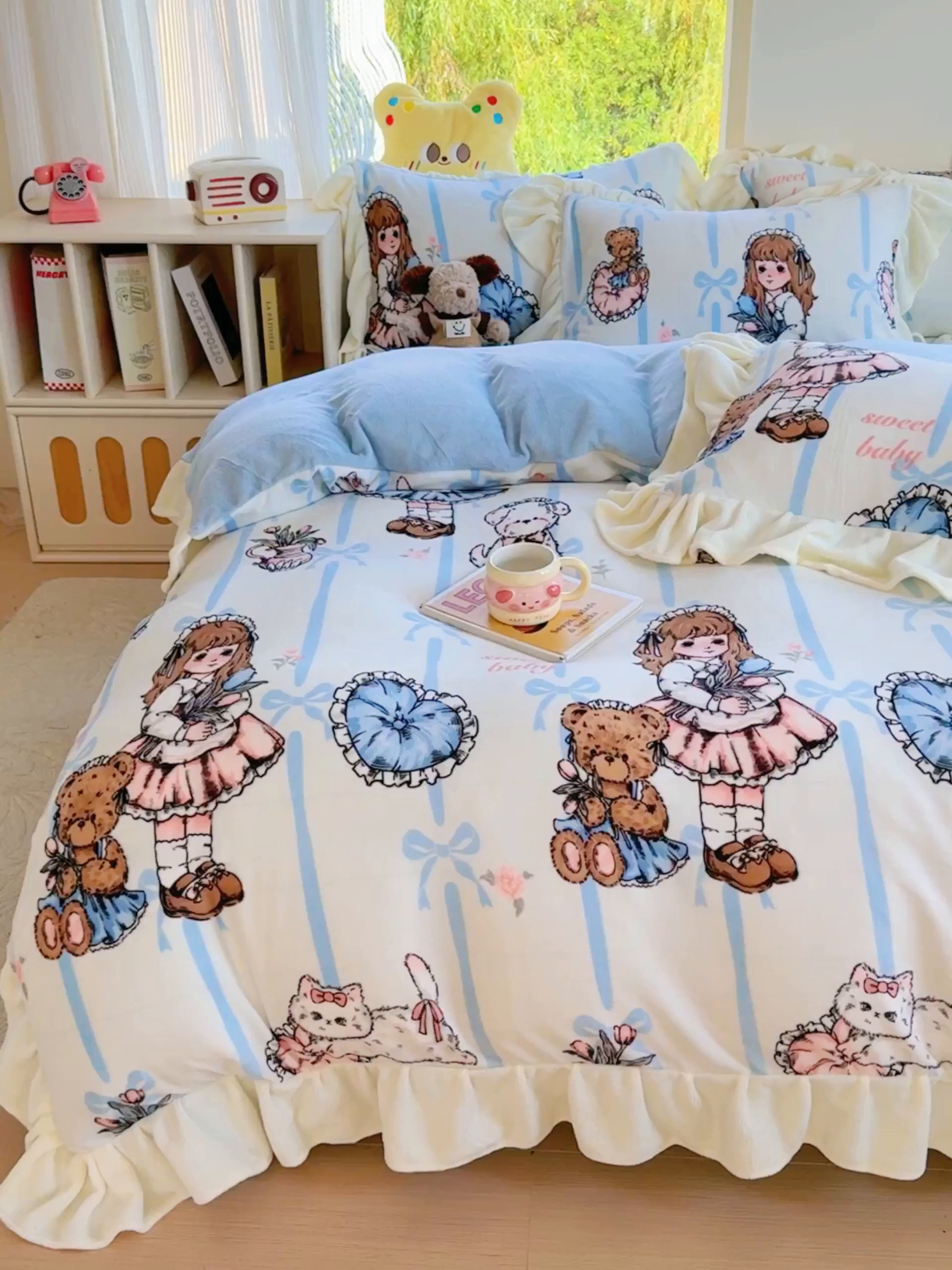 91家纺网 家纺一手货源 找家纺 瑞钰 2025新款韩版花边牛奶绒四件套 少女猫咪