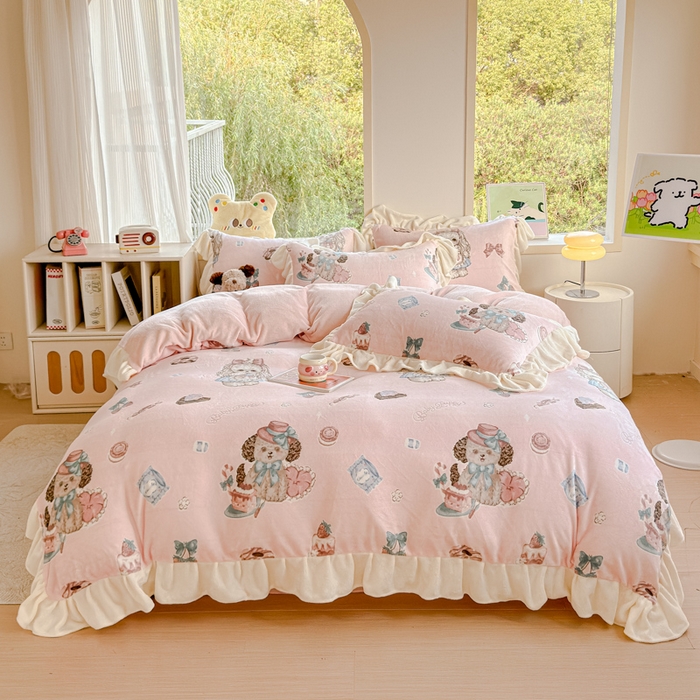 91家纺网 家纺一手货源 找家纺 瑞钰 2025新款韩版花边牛奶绒四件套 少女心事