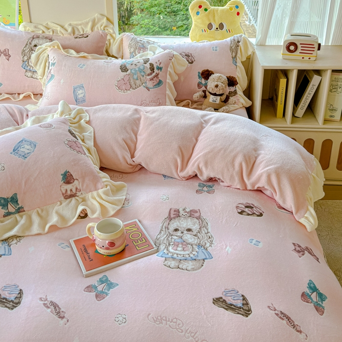 91家纺网 家纺一手货源 找家纺 瑞钰 2025新款韩版花边牛奶绒四件套 少女心事