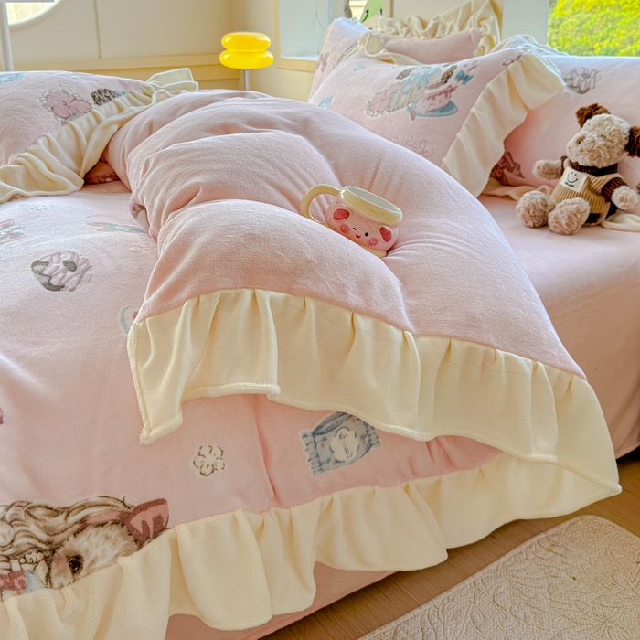 91家纺网 家纺一手货源 找家纺 瑞钰 2025新款韩版花边牛奶绒四件套 少女心事