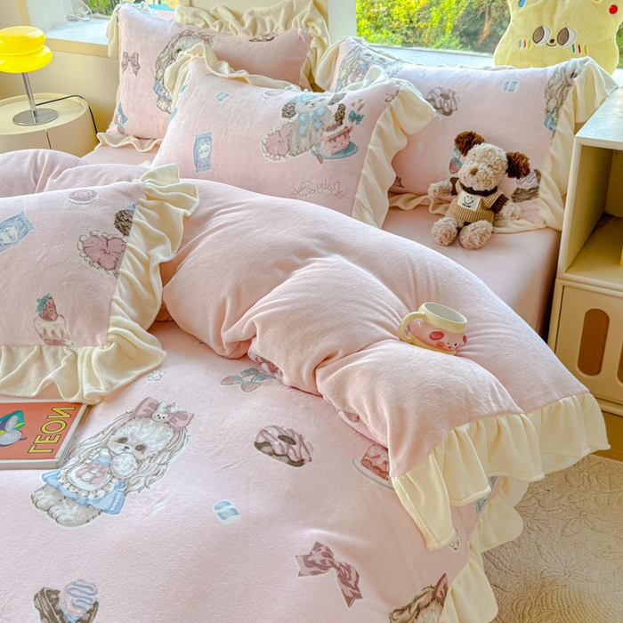 91家纺网 家纺一手货源 找家纺 瑞钰 2025新款韩版花边牛奶绒四件套 少女心事