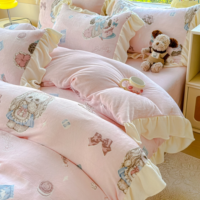 91家纺网 家纺一手货源 找家纺 瑞钰 2025新款韩版花边牛奶绒四件套 少女心事