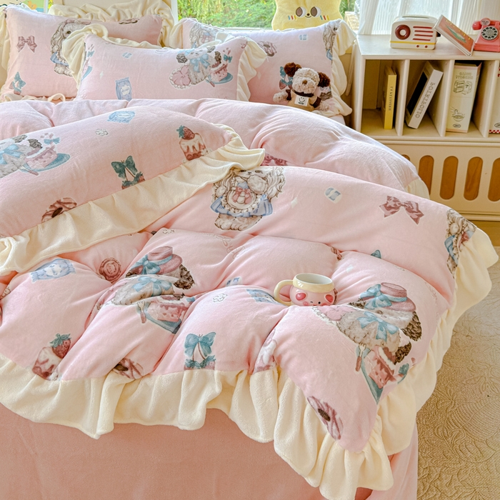 91家纺网 家纺一手货源 找家纺 瑞钰 2025新款韩版花边牛奶绒四件套 少女心事