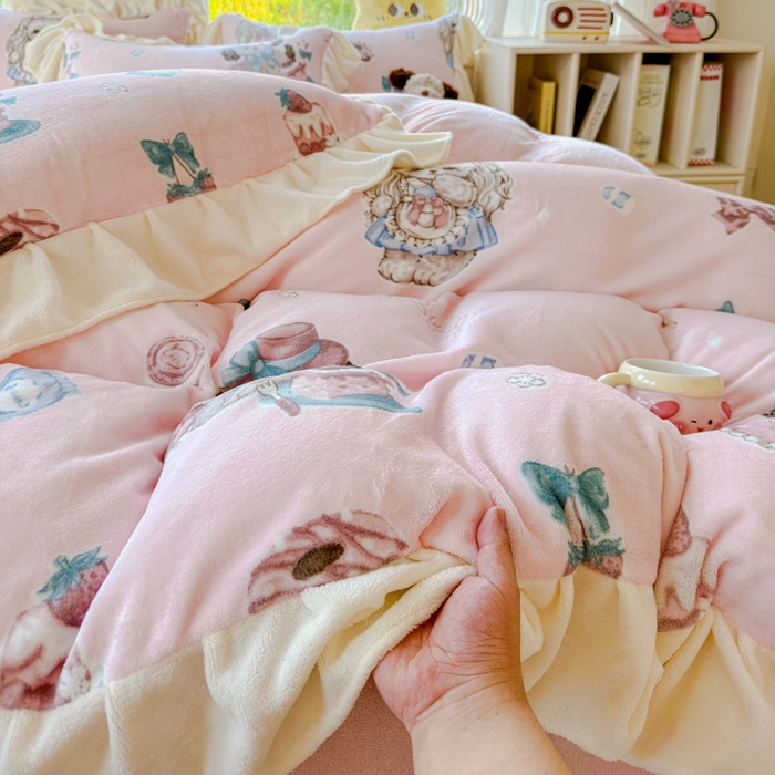 91家纺网 家纺一手货源 找家纺 瑞钰 2025新款韩版花边牛奶绒四件套 少女心事