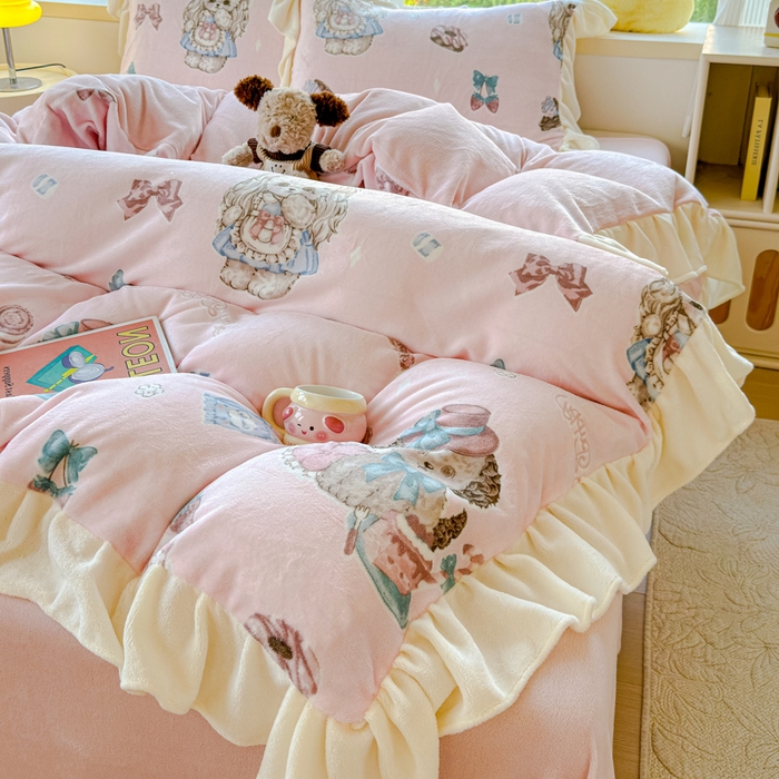 91家纺网 家纺一手货源 找家纺 瑞钰 2025新款韩版花边牛奶绒四件套 少女心事