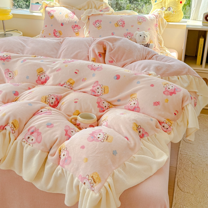 91家纺网 家纺一手货源 找家纺 瑞钰 2025新款韩版花边牛奶绒四件套 甜甜蛋卷