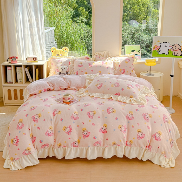 91家纺网 家纺一手货源 找家纺 瑞钰 2025新款韩版花边牛奶绒四件套 甜甜蛋卷