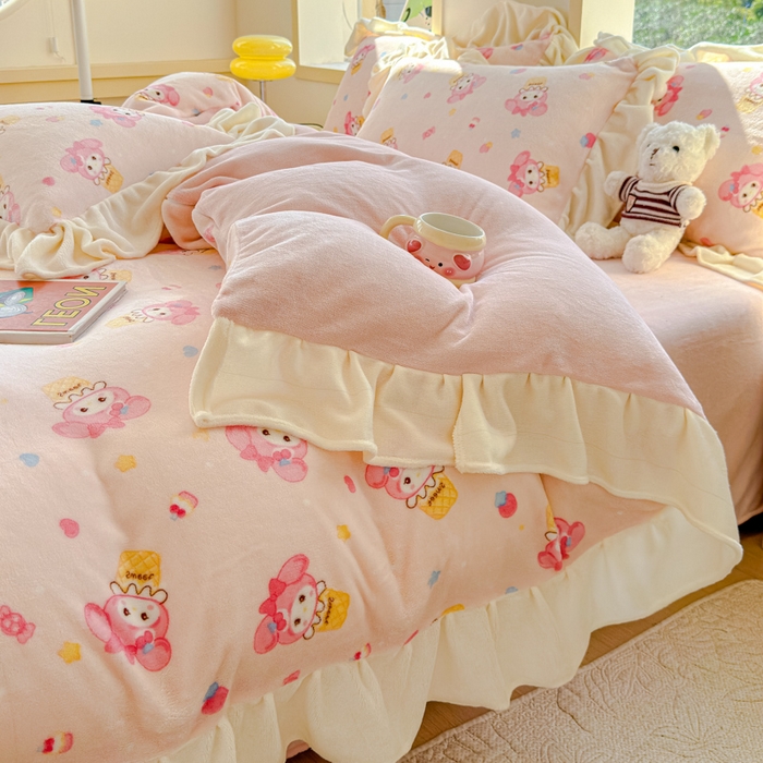 91家纺网 家纺一手货源 找家纺 瑞钰 2025新款韩版花边牛奶绒四件套 甜甜蛋卷