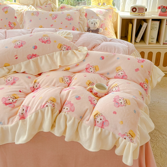 91家纺网 家纺一手货源 找家纺 瑞钰 2025新款韩版花边牛奶绒四件套 甜甜蛋卷