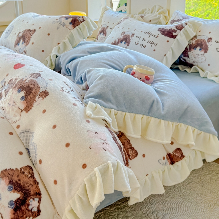 91家纺网 家纺一手货源 找家纺 瑞钰 2025新款韩版花边牛奶绒四件套 童话集