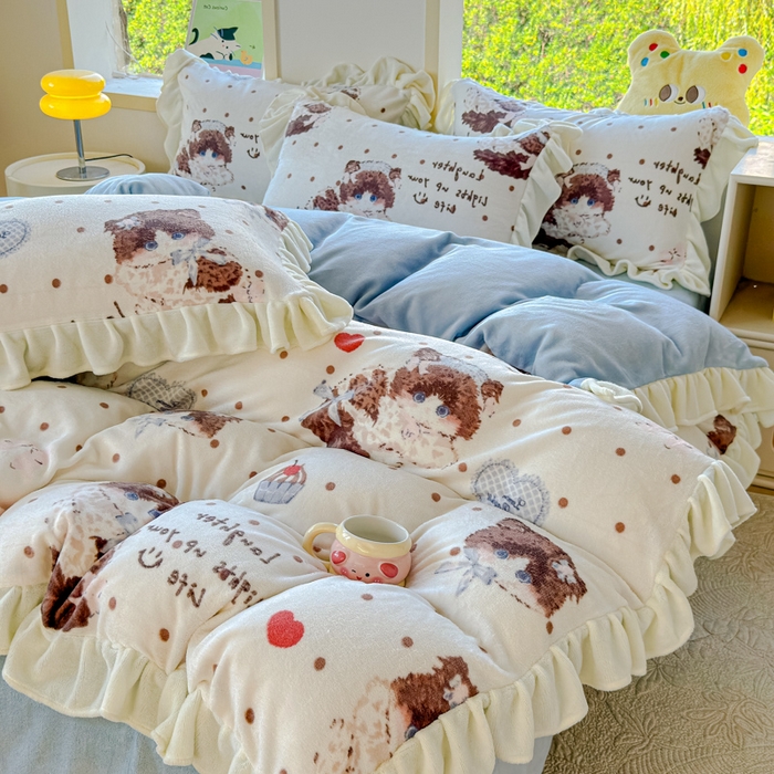 91家纺网 家纺一手货源 找家纺 瑞钰 2025新款韩版花边牛奶绒四件套 童话集