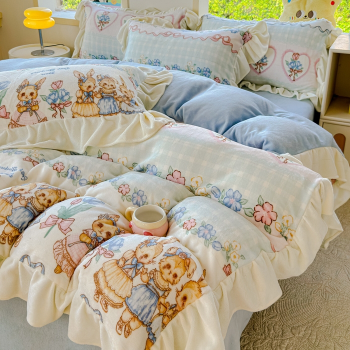 91家纺网 家纺一手货源 找家纺 瑞钰 2025新款韩版花边牛奶绒四件套 小兔故事会