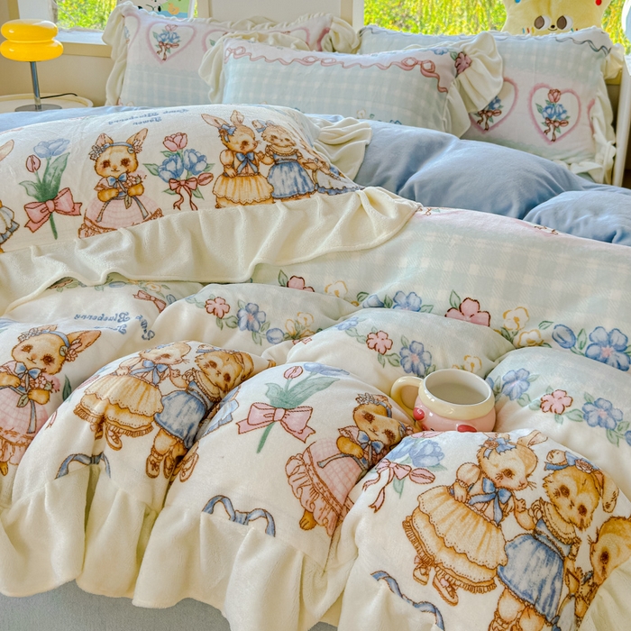 91家纺网 家纺一手货源 找家纺 瑞钰 2025新款韩版花边牛奶绒四件套 小兔故事会