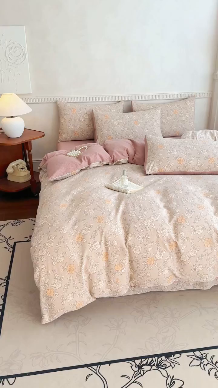 91家纺网 家纺一手货源 找家纺 （总）眠多宝（绒多宝）金柚子 2025新款复古印花亚麻双层纱四件套单被套亲肤水洗