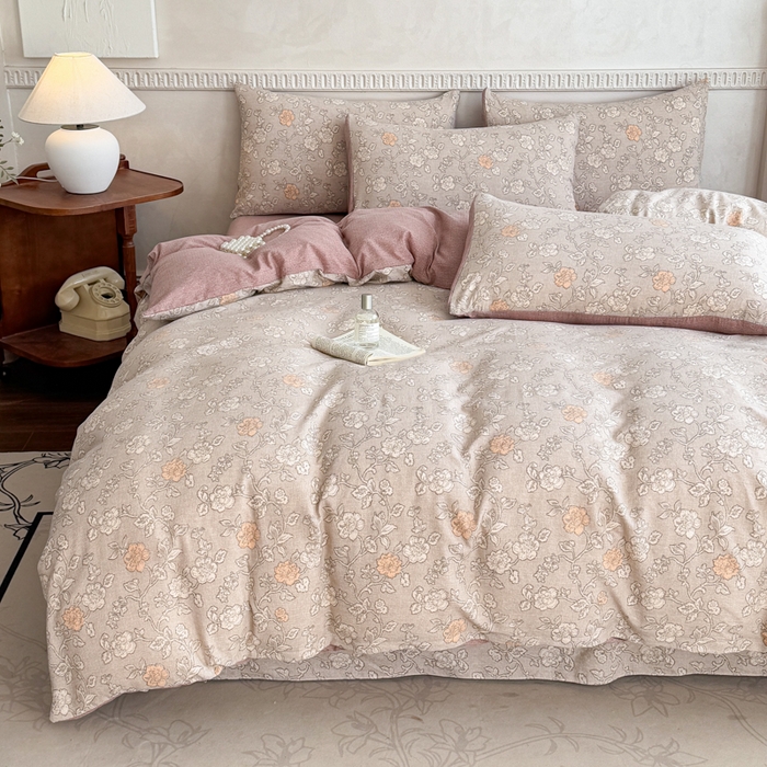 91家纺网 家纺一手货源 找家纺 （总）眠多宝（绒多宝）金柚子 2025新款复古印花亚麻双层纱四件套单被套亲肤水洗