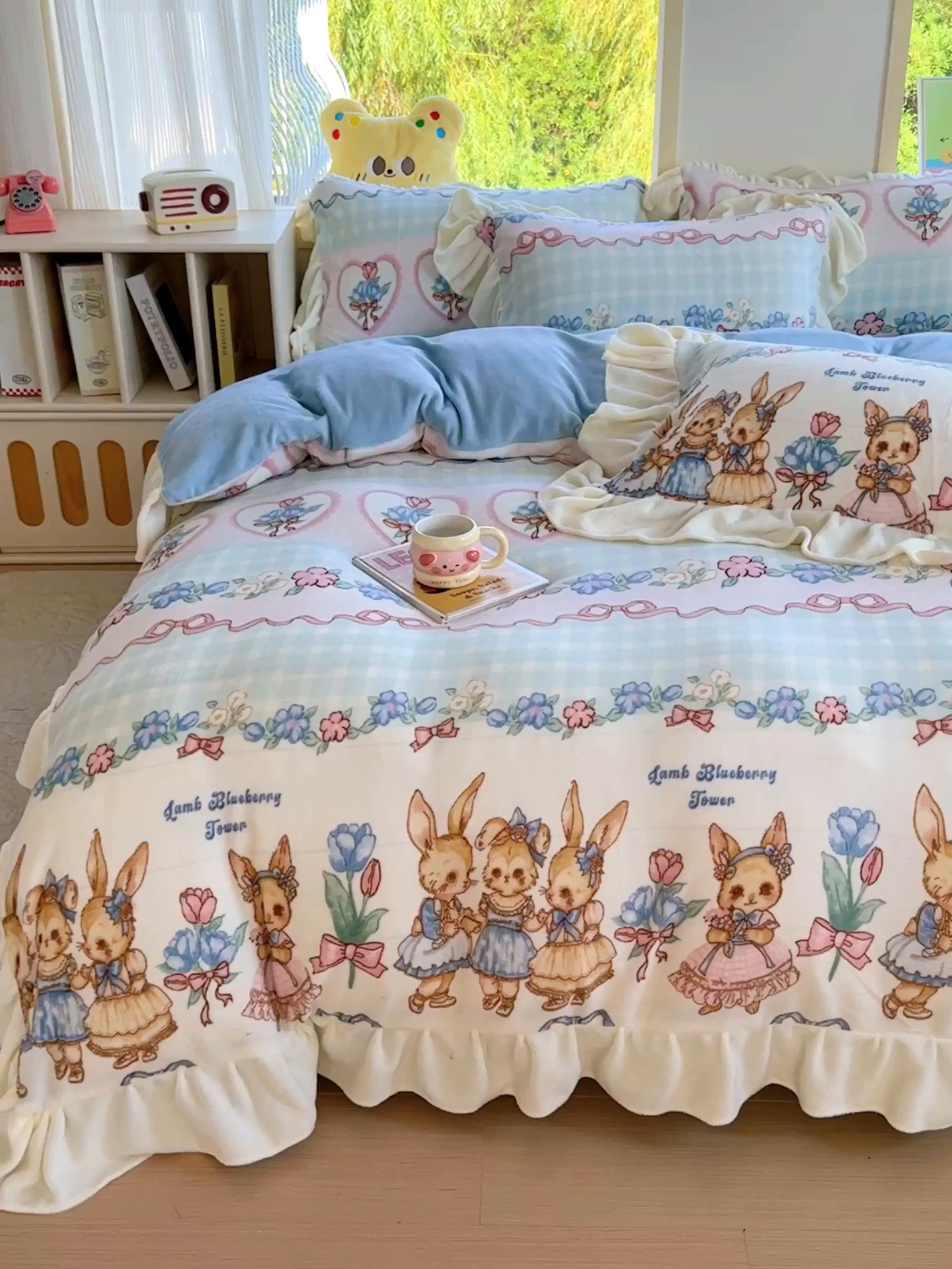 91家纺网 家纺一手货源 找家纺 瑞钰 2025新款韩版花边牛奶绒四件套 小兔故事会