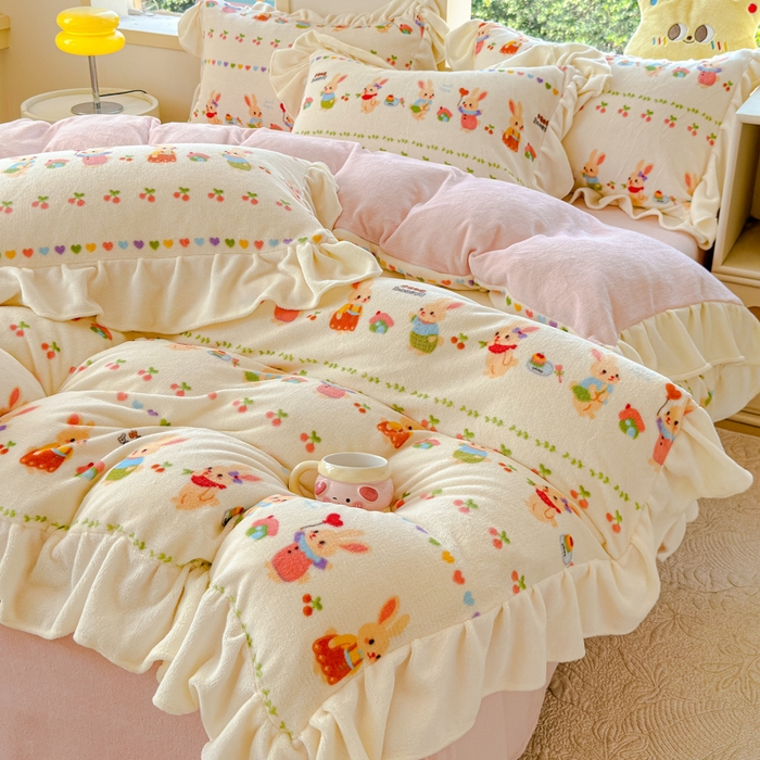 91家纺网 家纺一手货源 找家纺 瑞钰 2025新款韩版花边牛奶绒四件套 小兔乐园