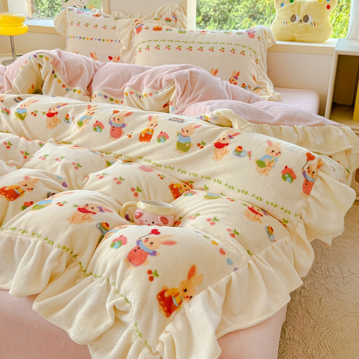 91家纺网 家纺一手货源 找家纺 瑞钰 2025新款韩版花边牛奶绒四件套 小兔乐园