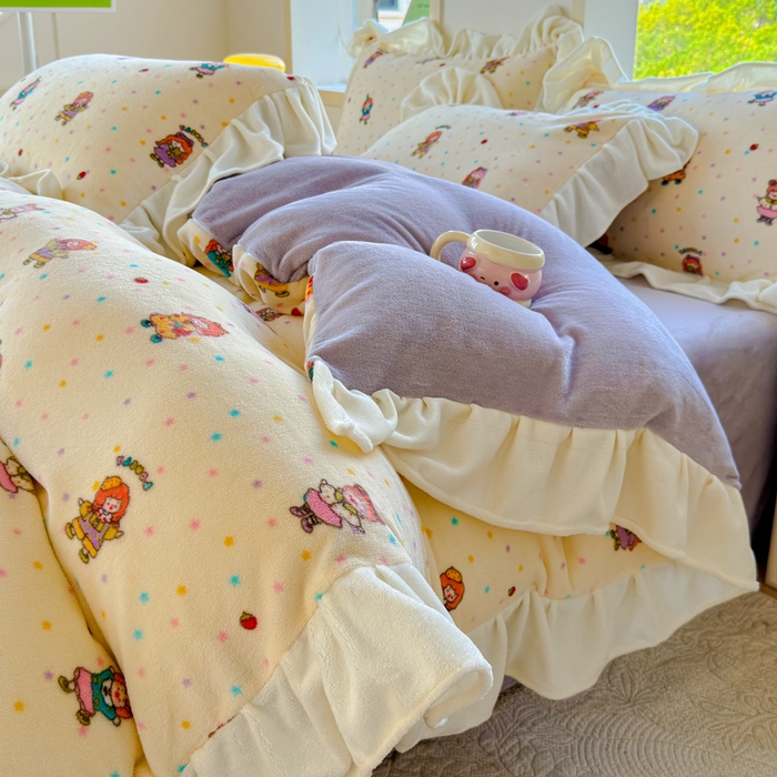 91家纺网 家纺一手货源 找家纺 瑞钰 2025新款韩版花边牛奶绒四件套 星星少女