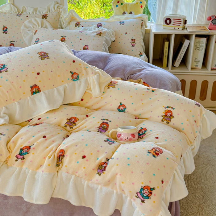 91家纺网 家纺一手货源 找家纺 瑞钰 2025新款韩版花边牛奶绒四件套 星星少女