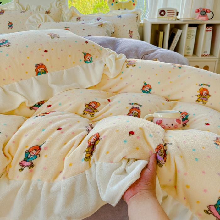 91家纺网 家纺一手货源 找家纺 瑞钰 2025新款韩版花边牛奶绒四件套 星星少女