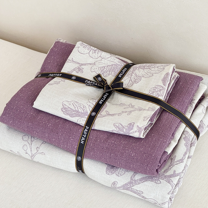 91家纺网 家纺一手货源 找家纺 （总）眠多宝（绒多宝）金柚子 2025新款复古印花亚麻双层纱四件套单被套亲肤水洗