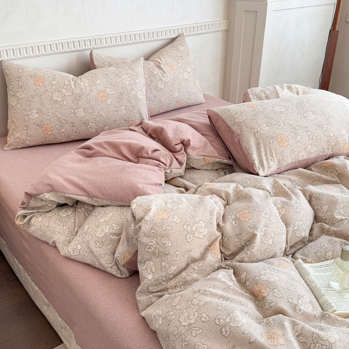 91家纺网 家纺一手货源 找家纺 眠多宝（绒多宝）金柚子 2025新款复古印花亚麻双层纱四件套单被套亲肤水洗 枫华