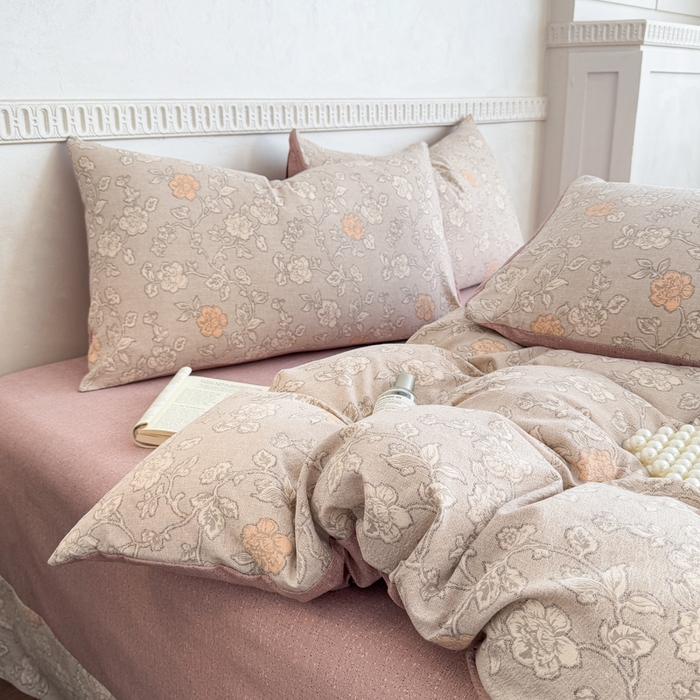 91家纺网 家纺一手货源 找家纺 眠多宝（绒多宝）金柚子 2025新款复古印花亚麻双层纱四件套单被套亲肤水洗 枫华