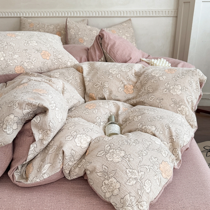 91家纺网 家纺一手货源 找家纺 眠多宝（绒多宝）金柚子 2025新款复古印花亚麻双层纱四件套单被套亲肤水洗 枫华