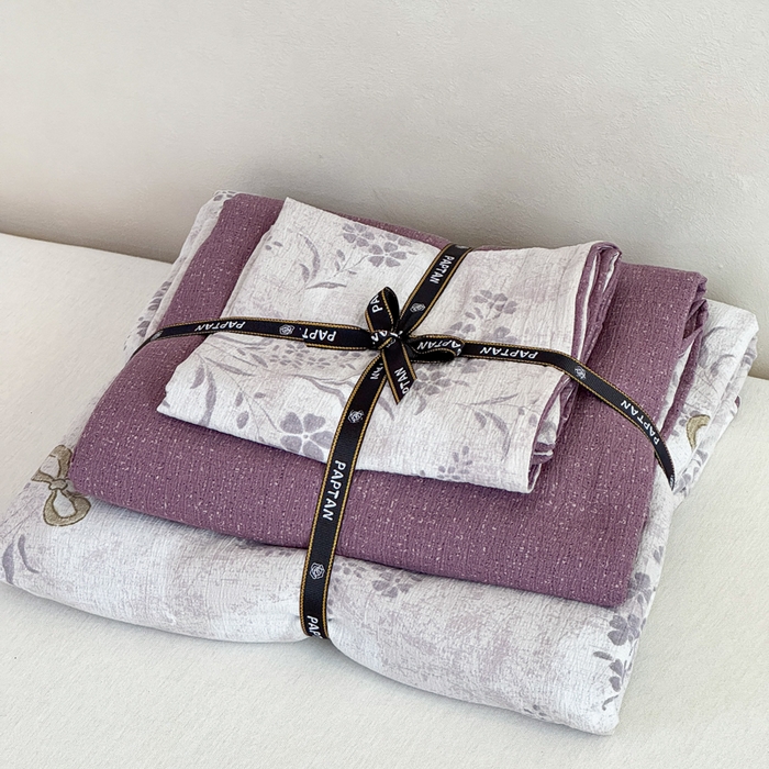 91家纺网 家纺一手货源 找家纺 眠多宝（绒多宝）金柚子 2025新款复古印花亚麻双层纱四件套单被套亲肤水洗 花姿