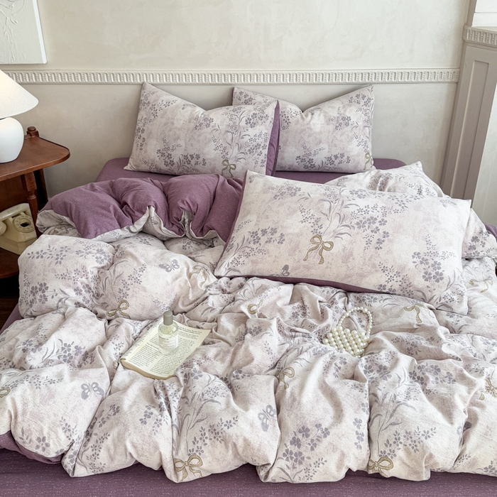 91家纺网 家纺一手货源 找家纺 眠多宝（绒多宝）金柚子 2025新款复古印花亚麻双层纱四件套单被套亲肤水洗 花姿