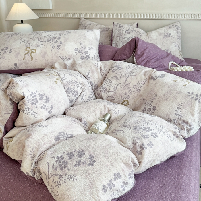 91家纺网 家纺一手货源 找家纺 眠多宝（绒多宝）金柚子 2025新款复古印花亚麻双层纱四件套单被套亲肤水洗 花姿