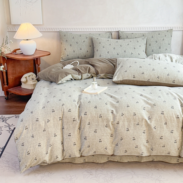 91家纺网 家纺一手货源 找家纺 眠多宝（绒多宝）金柚子 2025新款复古印花亚麻双层纱四件套单被套亲肤水洗 绿樱