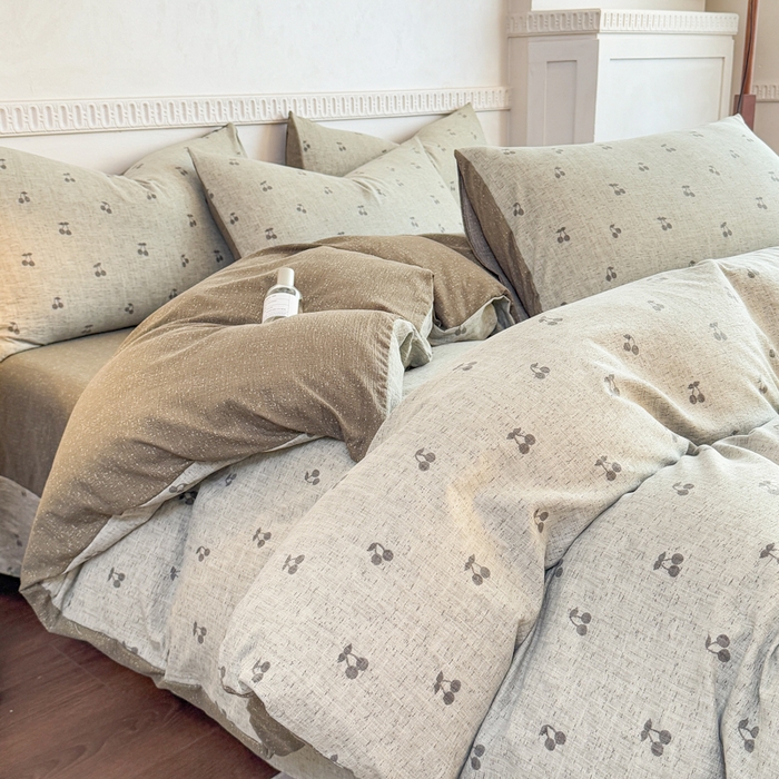 91家纺网 家纺一手货源 找家纺 眠多宝（绒多宝）金柚子 2025新款复古印花亚麻双层纱四件套单被套亲肤水洗 绿樱