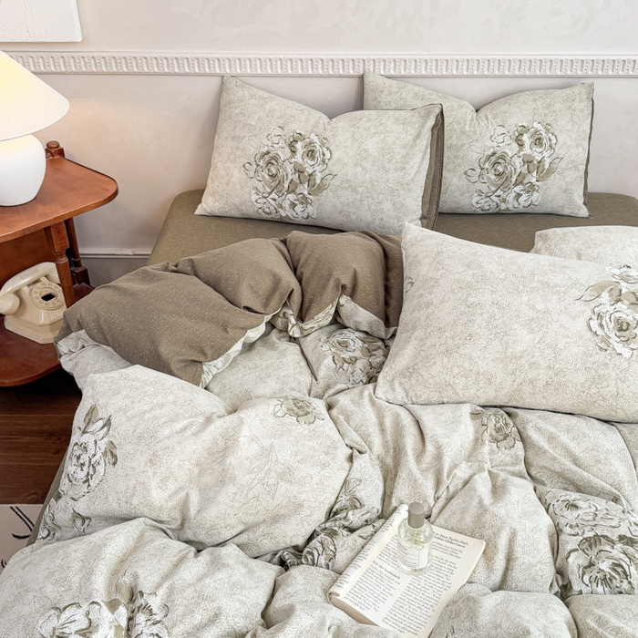 91家纺网 家纺一手货源 找家纺 眠多宝（绒多宝）金柚子 2025新款复古印花亚麻双层纱四件套单被套亲肤水洗 青萝