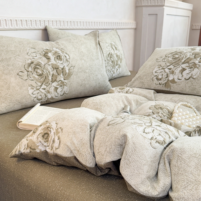 91家纺网 家纺一手货源 找家纺 眠多宝（绒多宝）金柚子 2025新款复古印花亚麻双层纱四件套单被套亲肤水洗 青萝