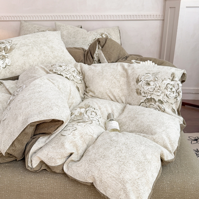 91家纺网 家纺一手货源 找家纺 眠多宝（绒多宝）金柚子 2025新款复古印花亚麻双层纱四件套单被套亲肤水洗 青萝