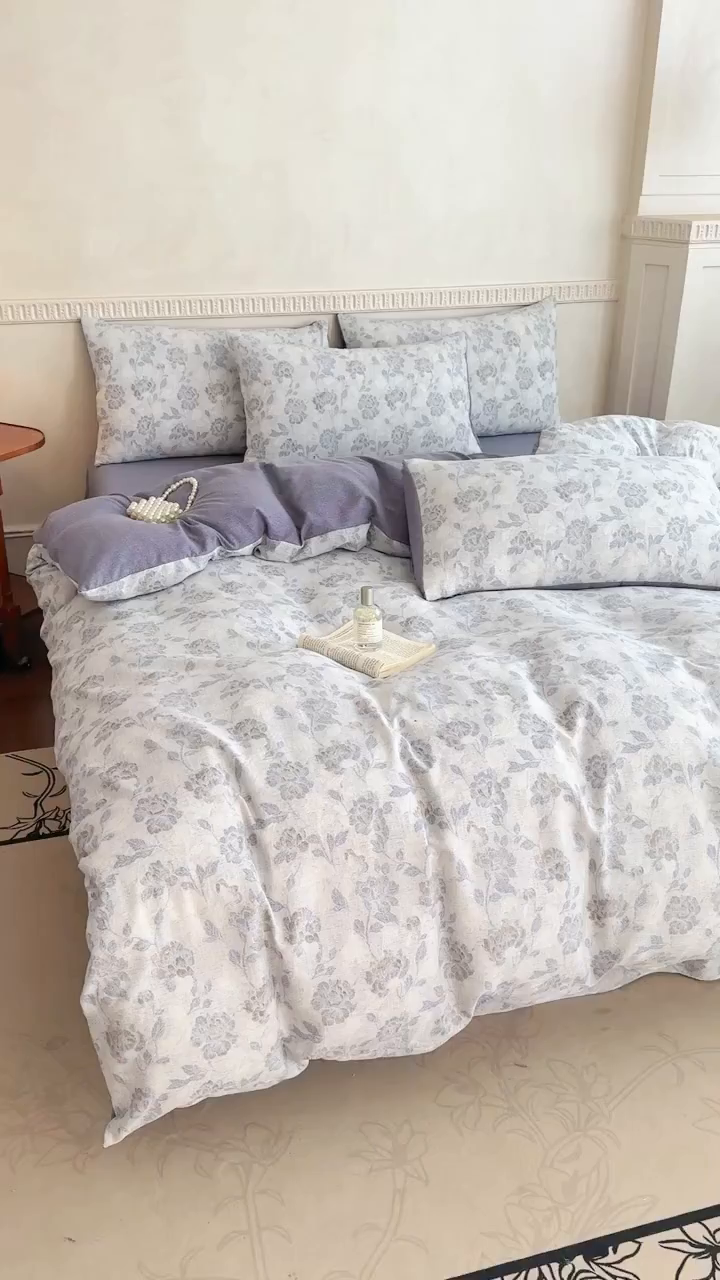 91家纺网 家纺一手货源 找家纺 眠多宝（绒多宝）金柚子 2025新款复古印花亚麻双层纱四件套单被套亲肤水洗 忆江南