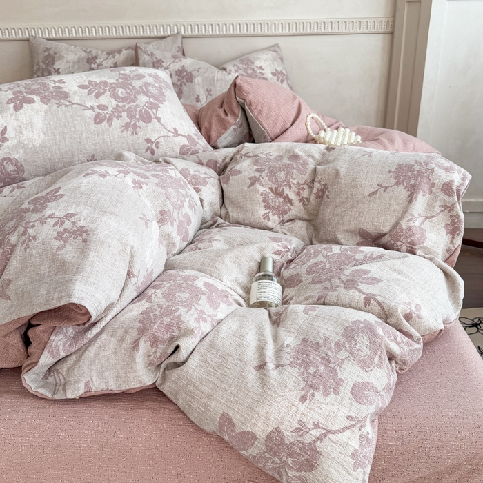 91家纺网 家纺一手货源 找家纺 眠多宝（绒多宝）金柚子 2025新款复古印花亚麻双层纱四件套单被套亲肤水洗 知音-咖