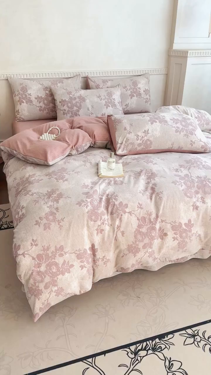 91家纺网 家纺一手货源 找家纺 眠多宝（绒多宝）金柚子 2025新款复古印花亚麻双层纱四件套单被套亲肤水洗 知音-咖