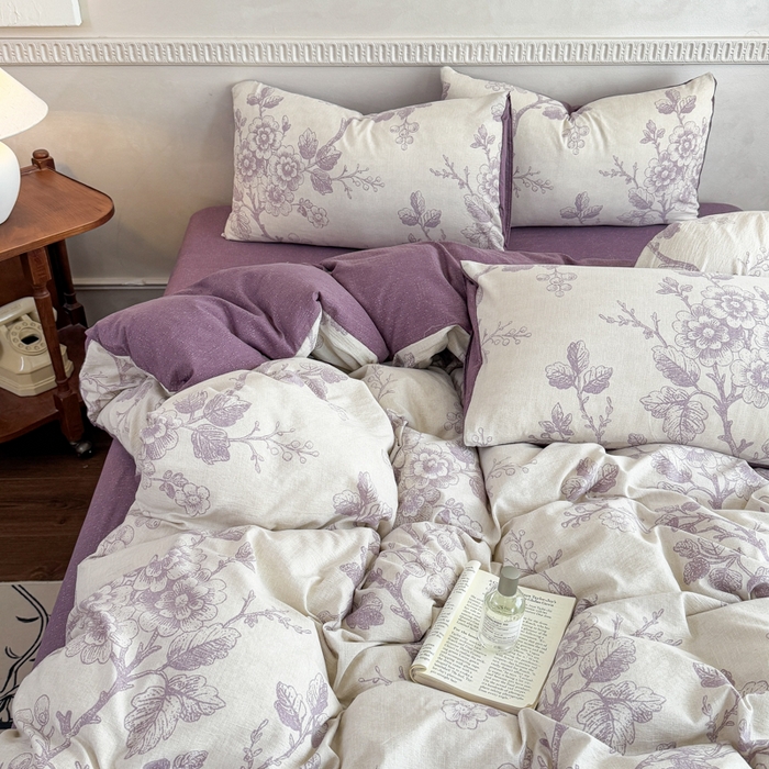 91家纺网 家纺一手货源 找家纺 眠多宝（绒多宝）金柚子 2025新款复古印花亚麻双层纱四件套单被套亲肤水洗 紫韵