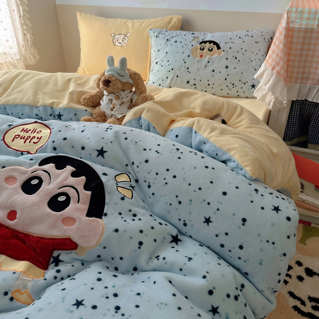 91家纺网 家纺一手货源 找家纺 瑞钰 2025新款亲肤保暖牛奶绒四件套 小新同学