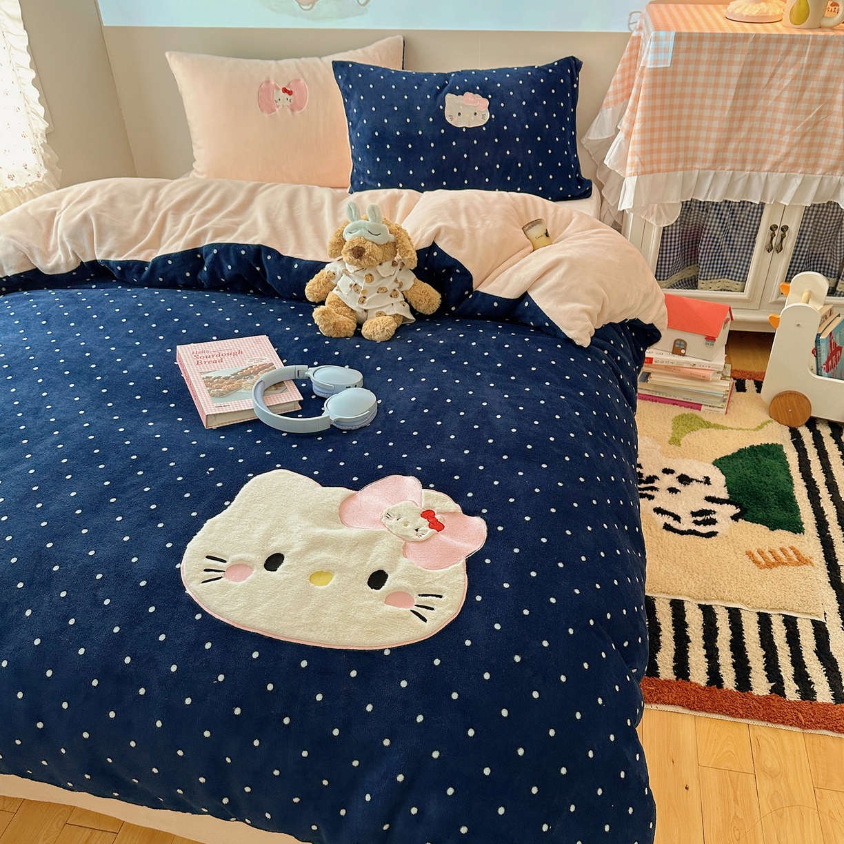 91家纺网 家纺一手货源 找家纺 瑞钰 2025新款亲肤保暖牛奶绒四件套 蓝波点小美