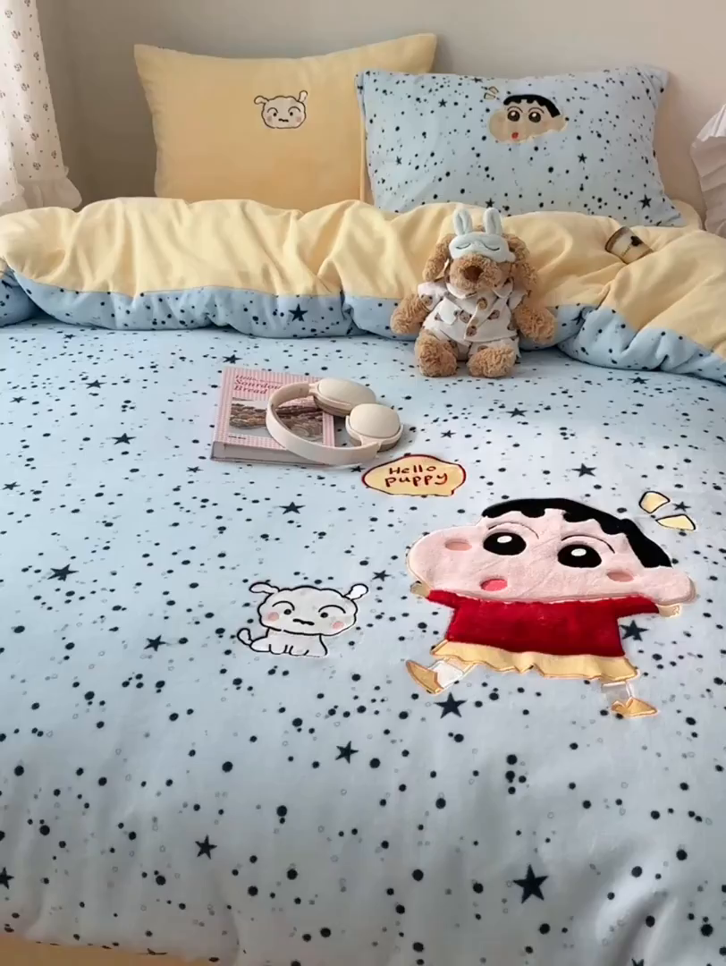 91家纺网 家纺一手货源 找家纺 瑞钰 2025新款亲肤保暖牛奶绒四件套 小新同学