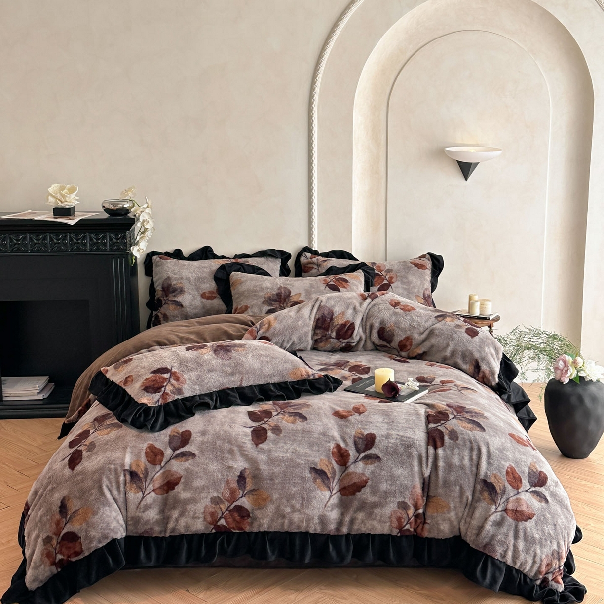 91家纺网 家纺一手货源 找家纺 帝王家纺 2025冬季法式新款加厚兔毛绒牛奶绒四件套保暖珊瑚绒 晚叶-灰