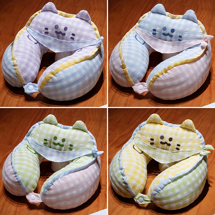 91家纺网 家纺一手货源 找家纺 仟亿莱 2025新款方巾喵格子驼峰U型枕 组合图仅供展示不可下单