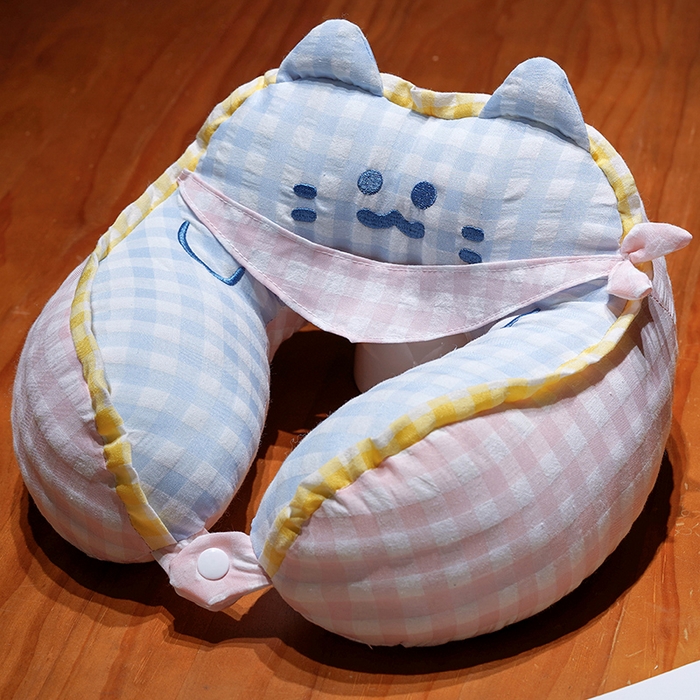 仟亿莱 2025新款方巾喵格子驼峰U型枕 驼峰蓝格喵