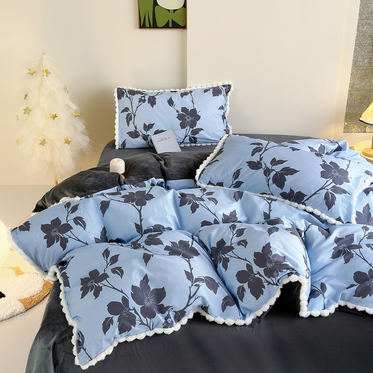 91家纺网 家纺一手货源 找家纺 怡家居 2025秋冬新款毛球花边棉加绒四件套 剪影