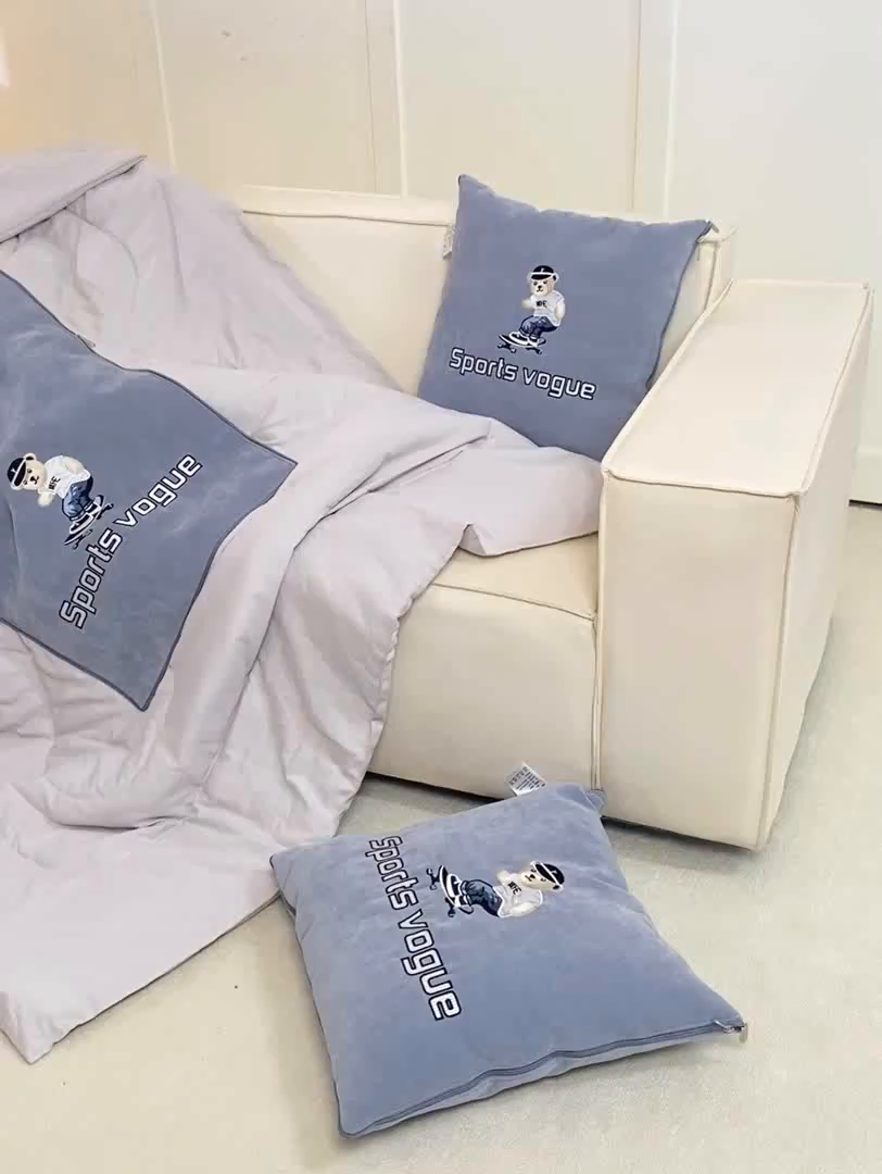91家纺网 家纺一手货源 找家纺 多今家纺 2025新款水洗棉雪尼尔刺绣抱枕被子-滑板熊系列 滑板熊-远天蓝